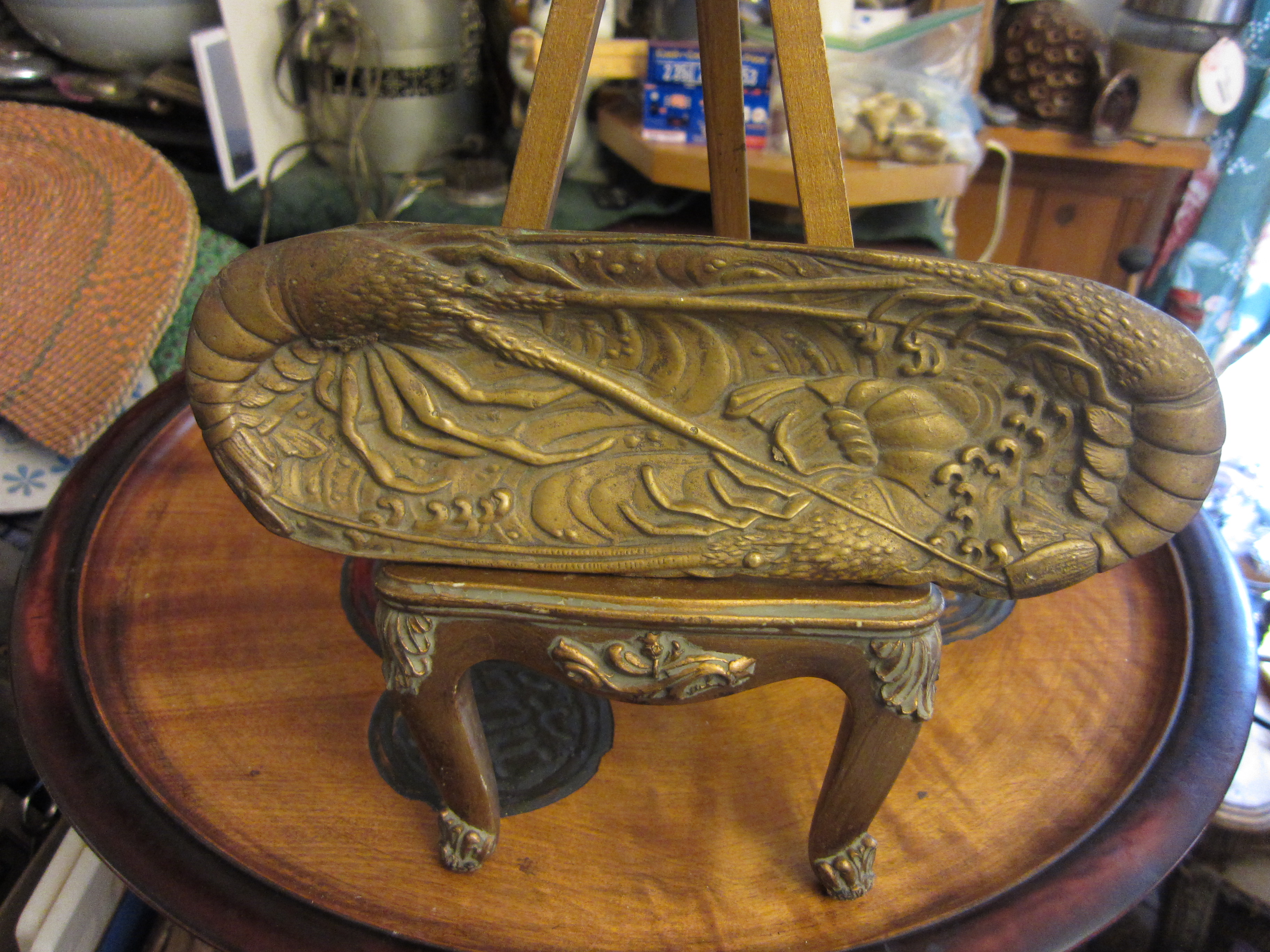 Antique Japanese Raised Relief Bronze Embossed Lobster Pen Tray