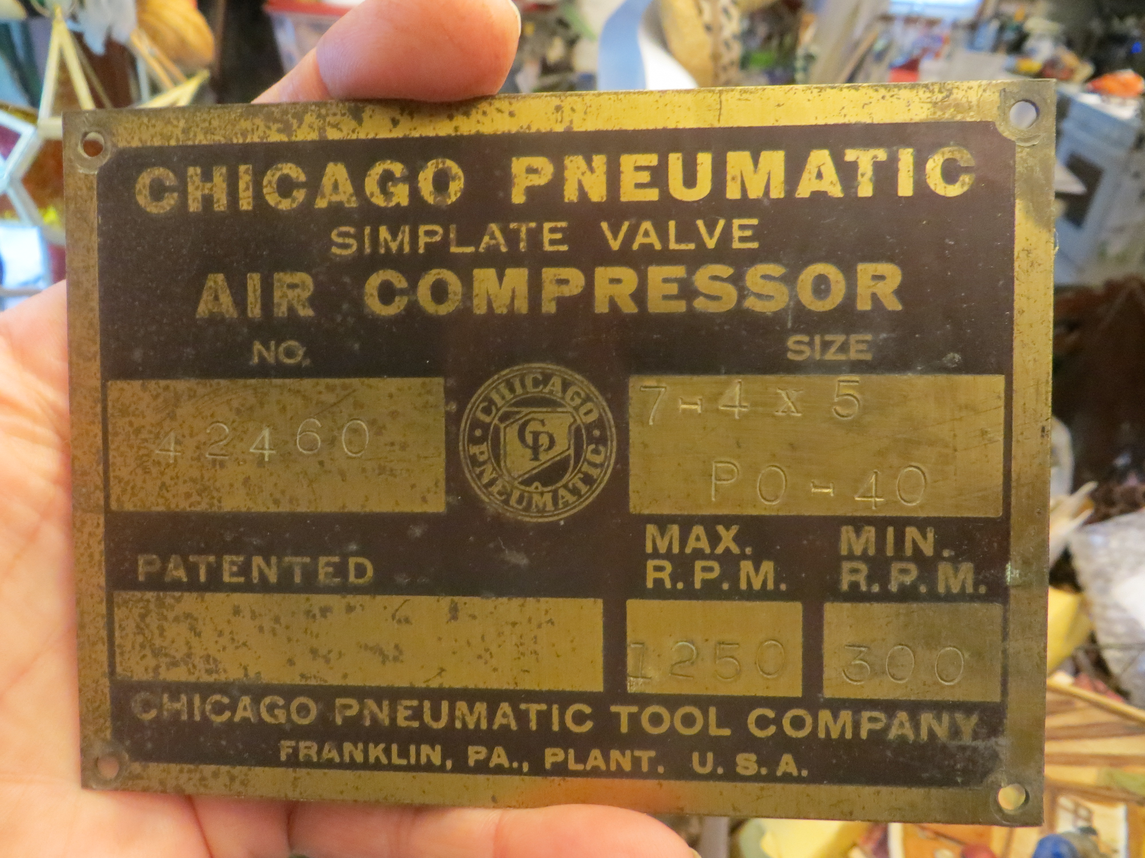 Vintage Brass Chicago Pneumatic Tool Company Air Compressor Plate Tag