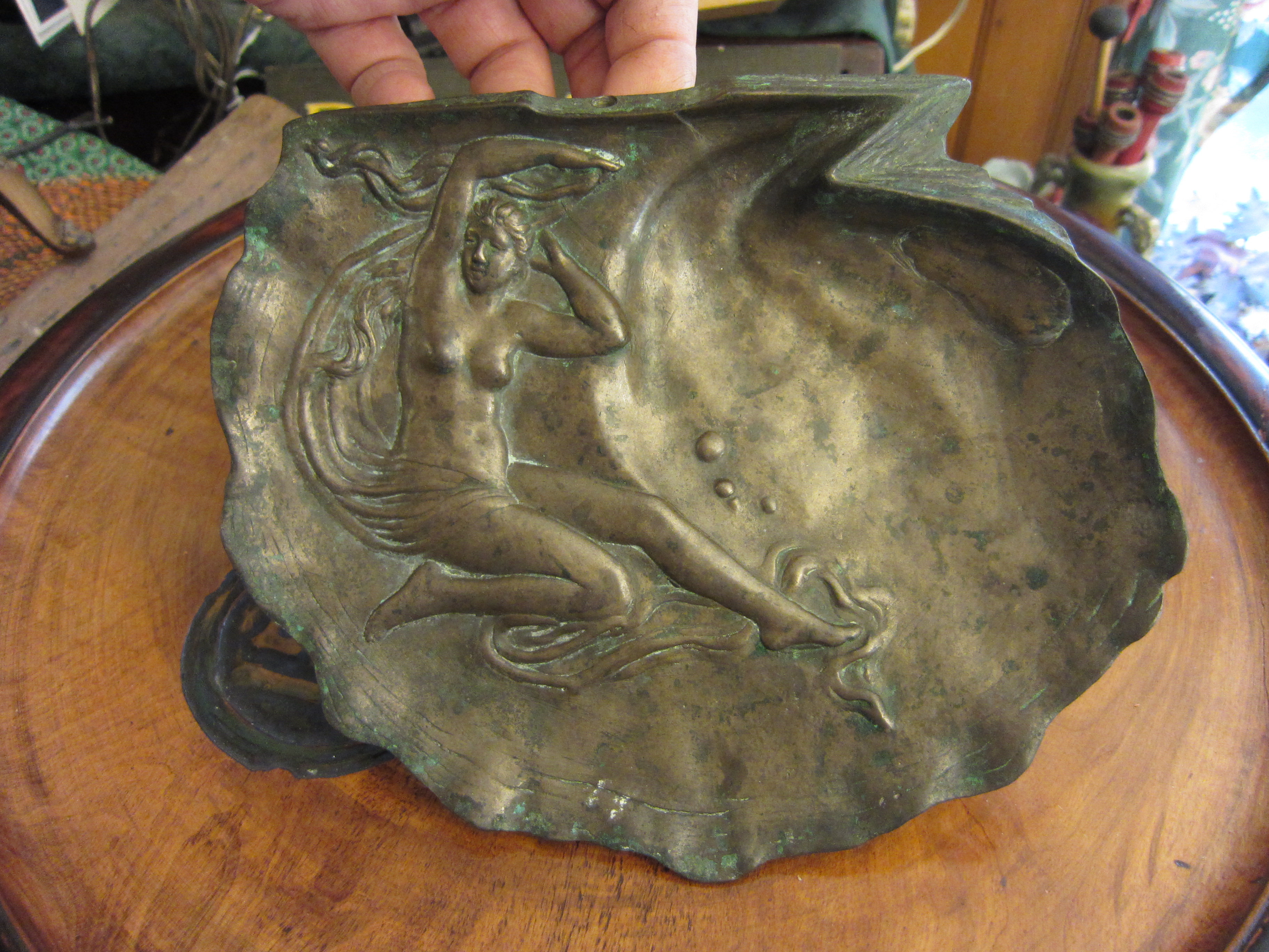 Art Nouveau Bronzed Nymph Pin Dish, Large Antique Dressing Table Active