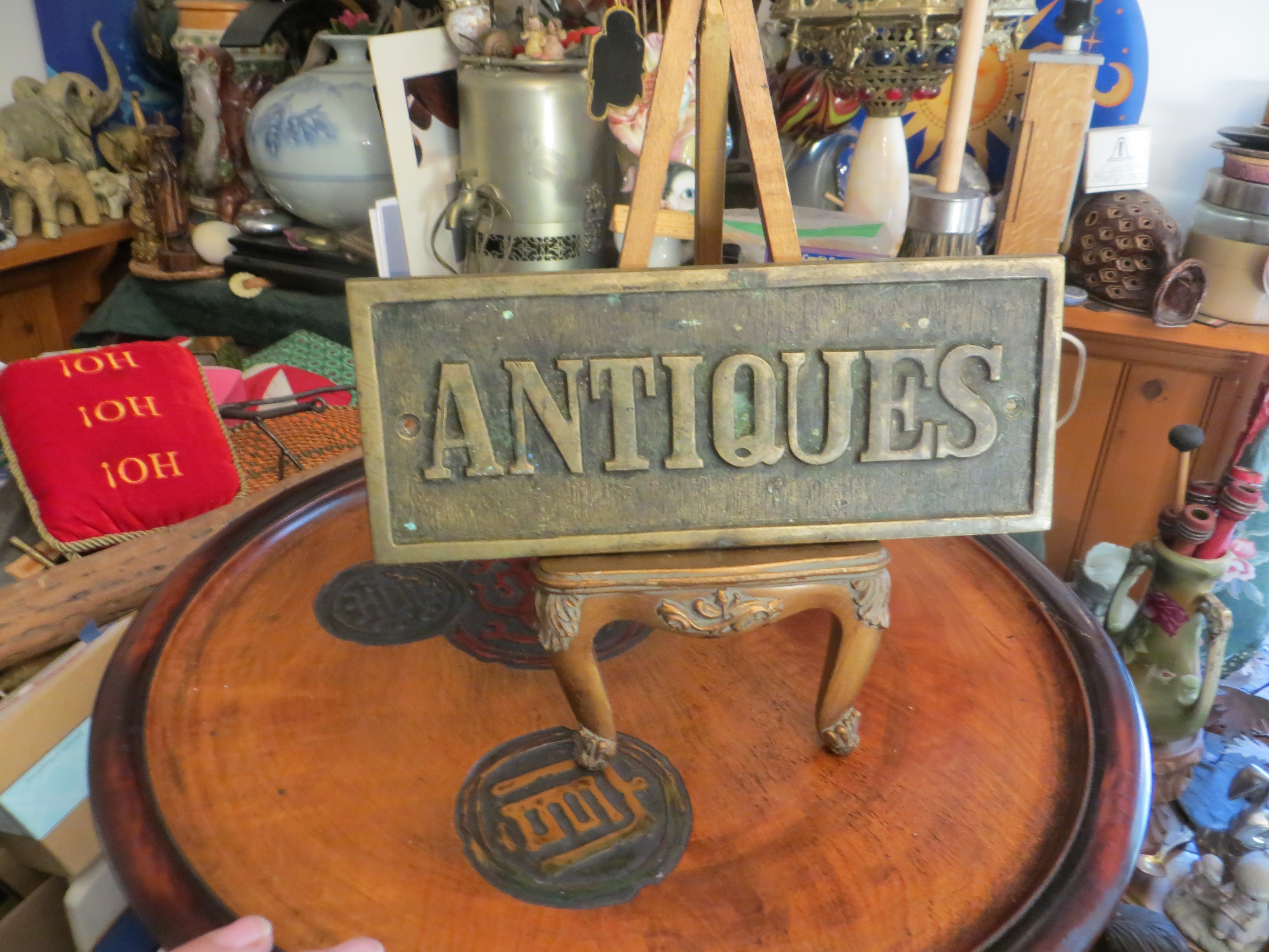 Vintage Store Sign Plaque Antiques, Solid Bronze Brass