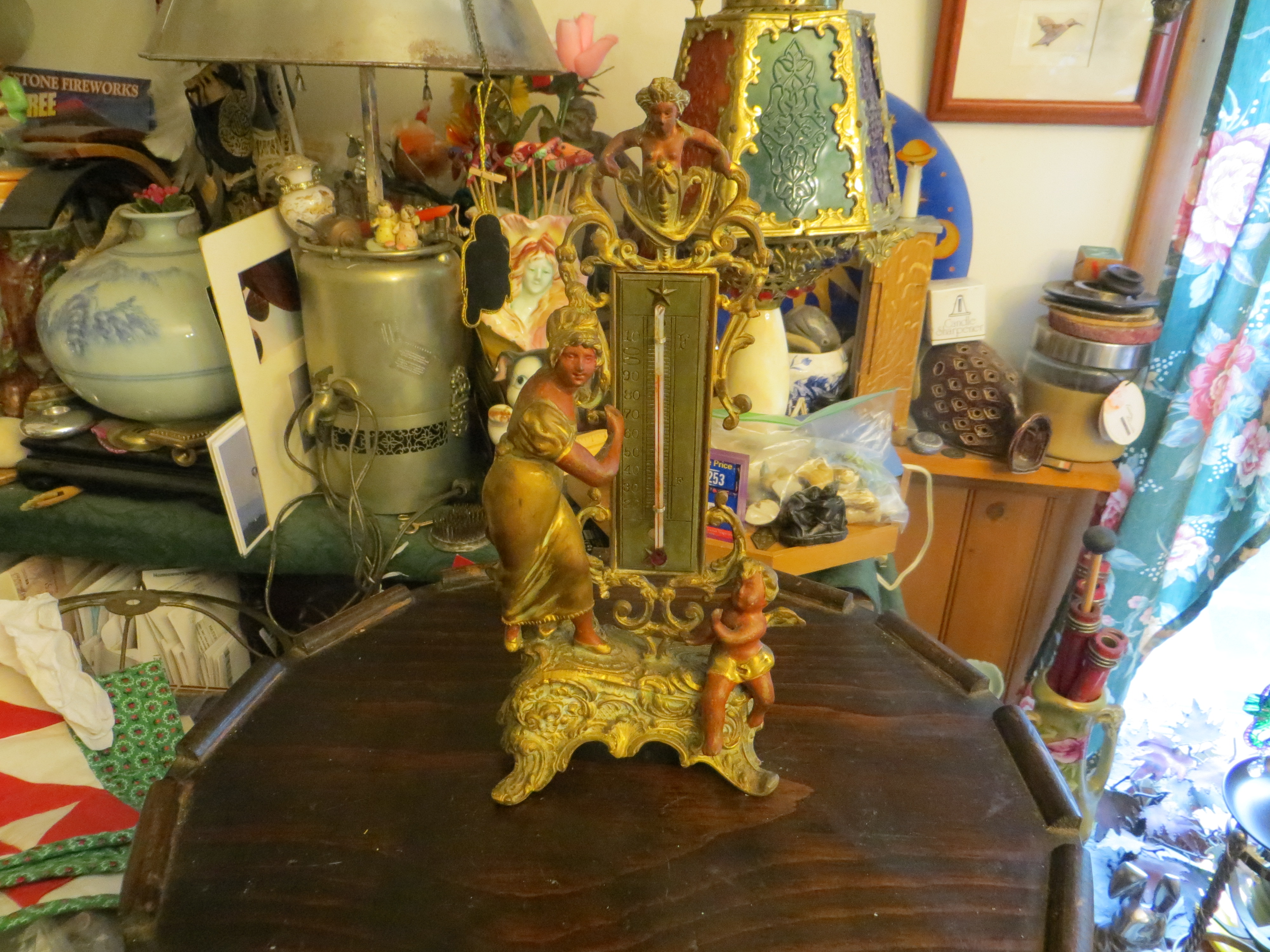 10" Tall Painted Metal Art Nouveau Figural Thermometer