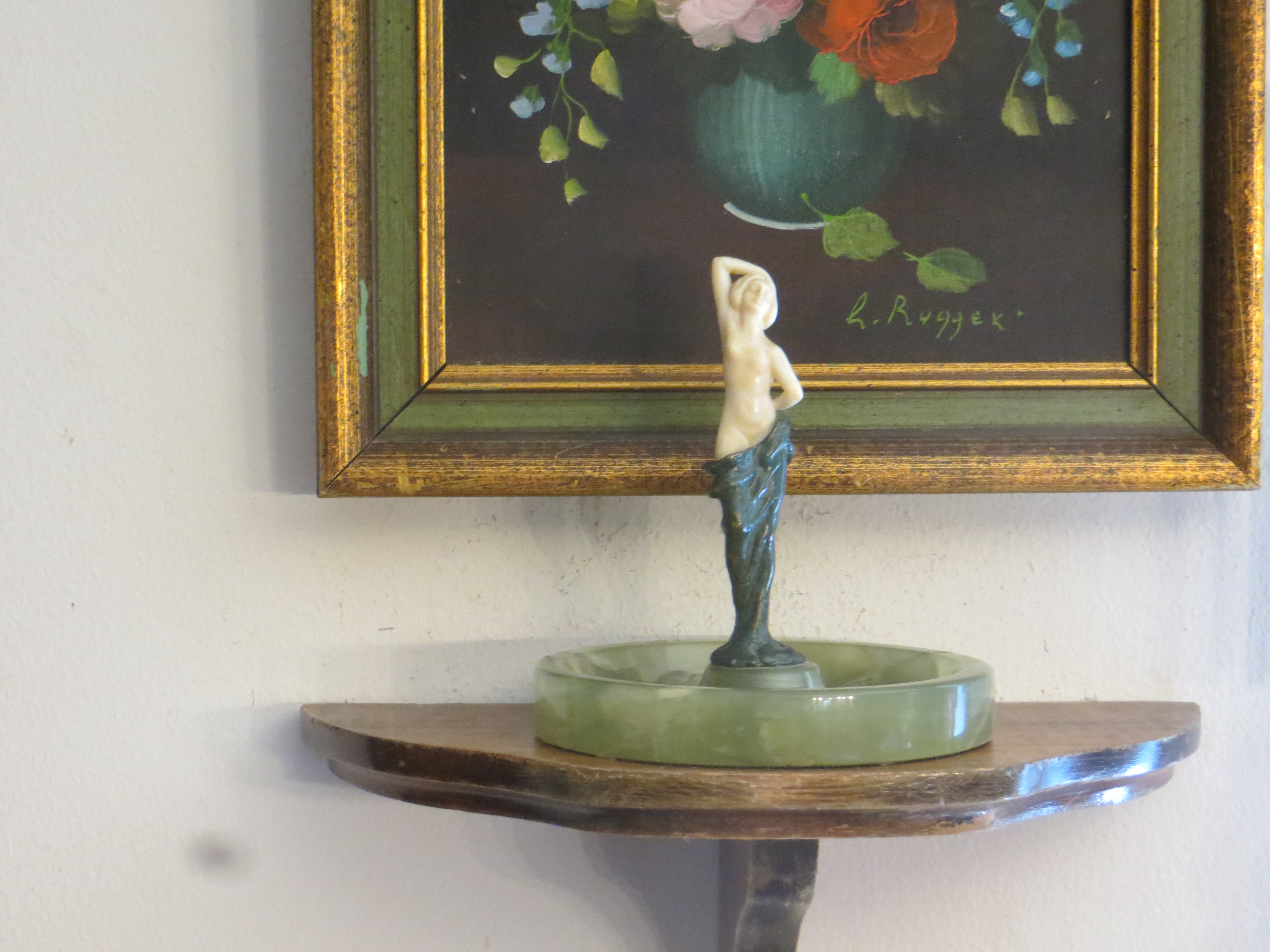 Art Deco Female Nude Bronze Sculpture and Onyx Marble Catchall