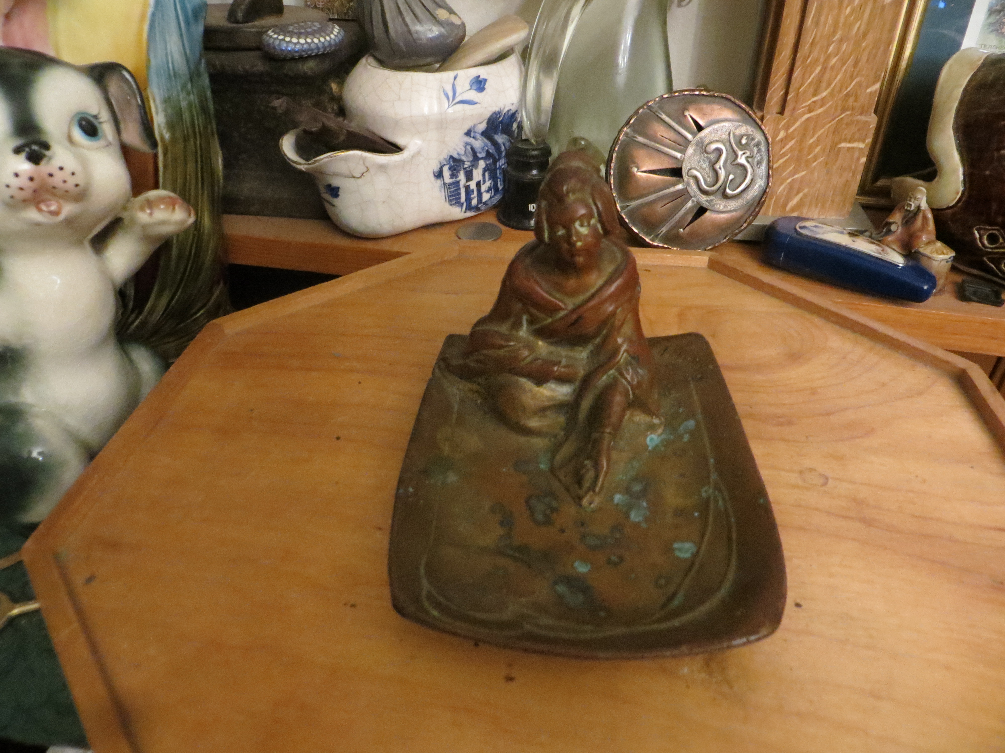 Bronze Geisha Figural Pin Tray Ring Dish, Dressing Table Dresser Dish