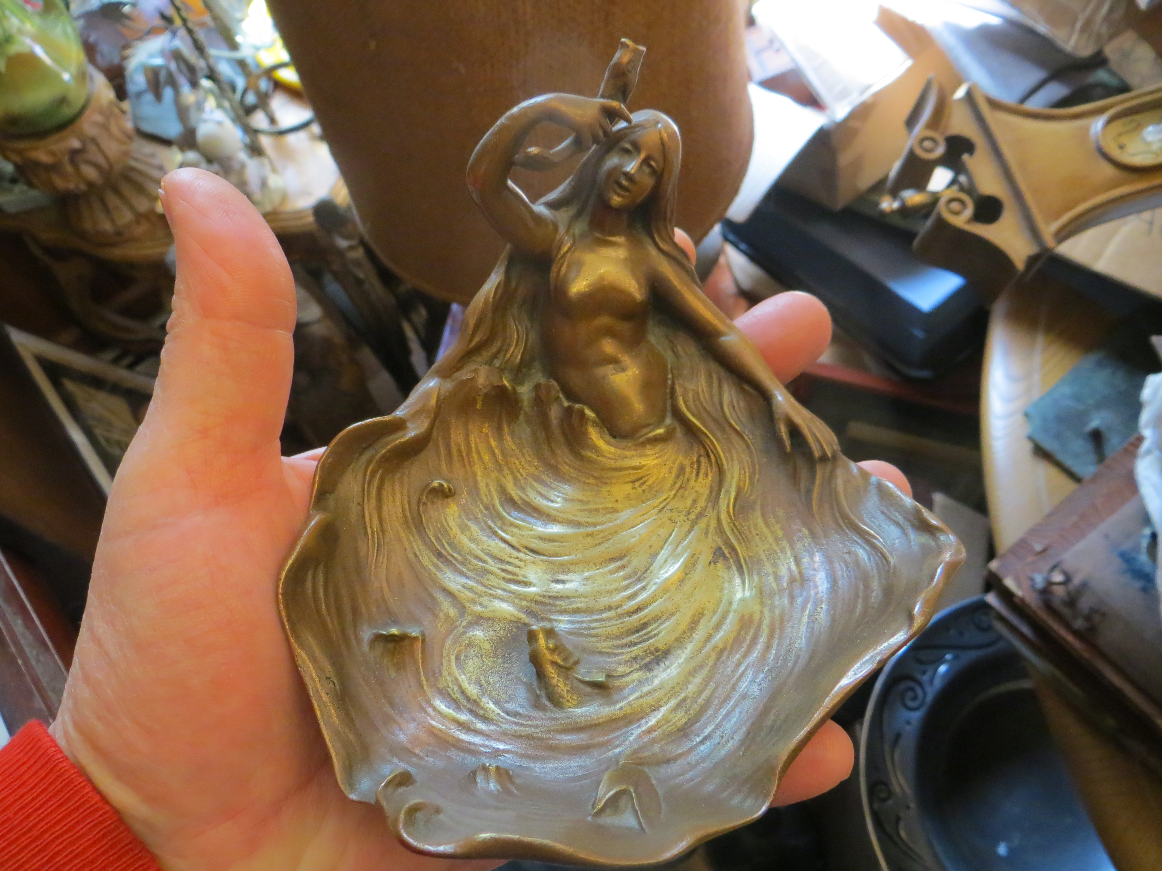 Art Nouveau Solid Bronze Nude Mermaid Vanity Tray