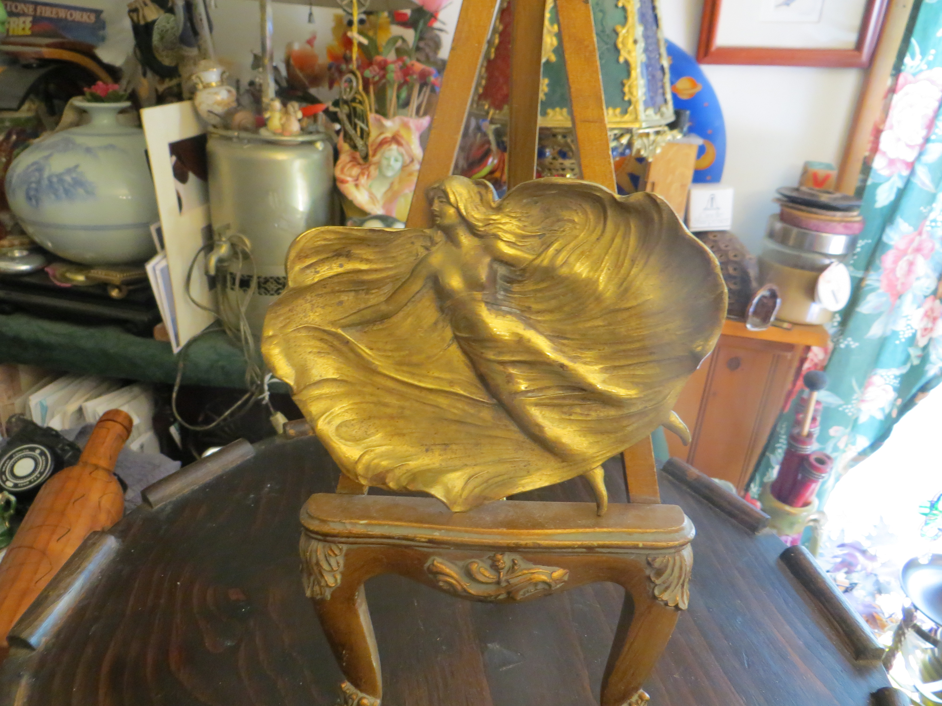 Art Nouveau Bronze Brass Nymph Pin Card Tray