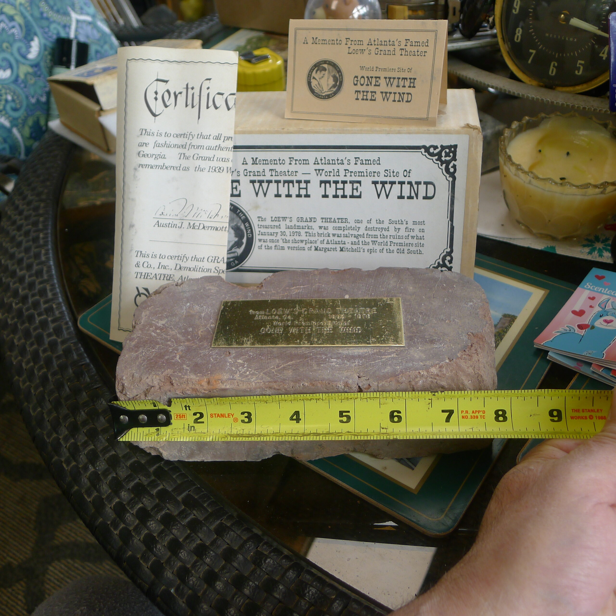 Loew's Grand Theater Legacy Set - Gone With The Wind Premiere Salvaged Brick & Granite - 1978 Notarized COA