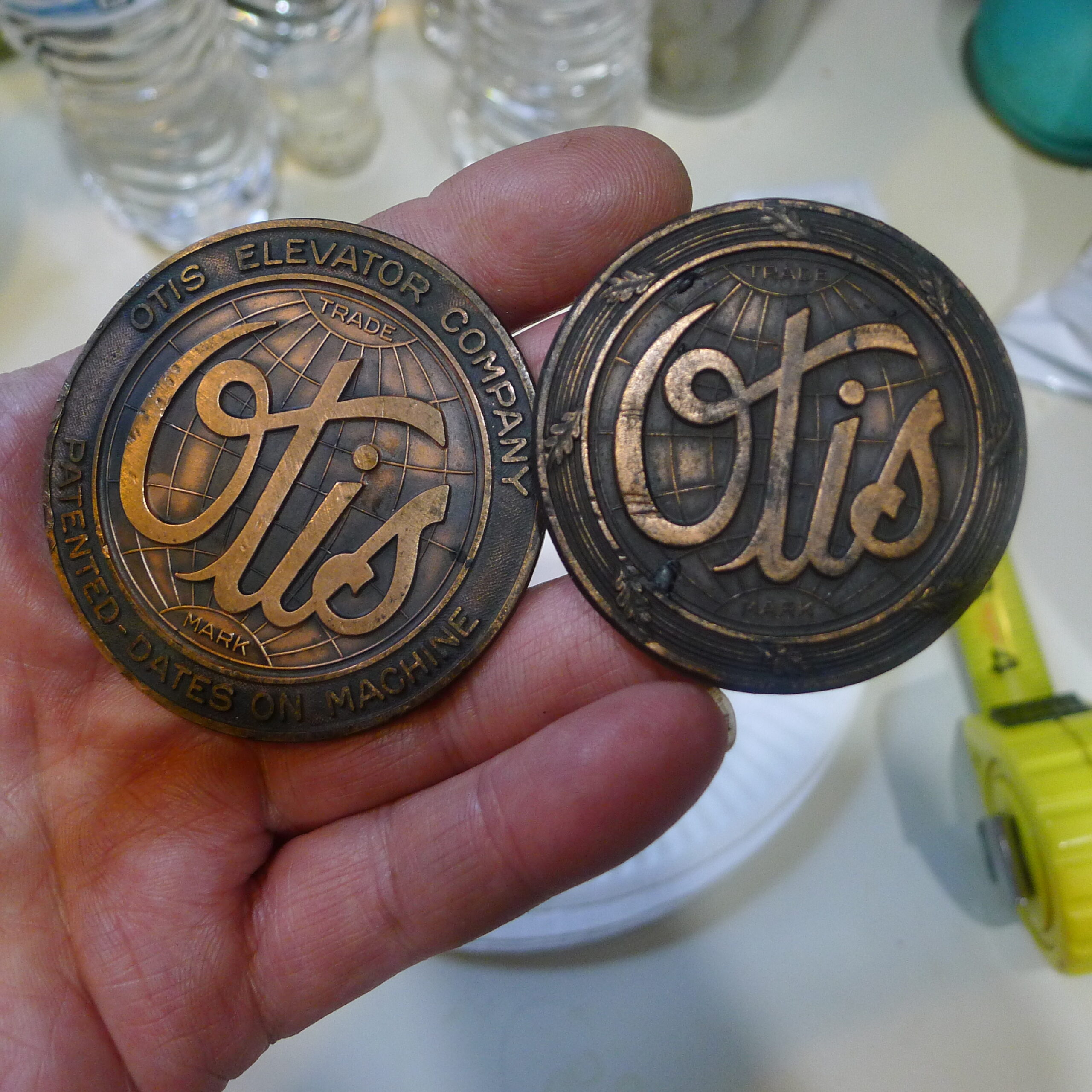 Antique Otis Elevator Car Sign Bronze Copper Nameplate Emblem, Set of Two